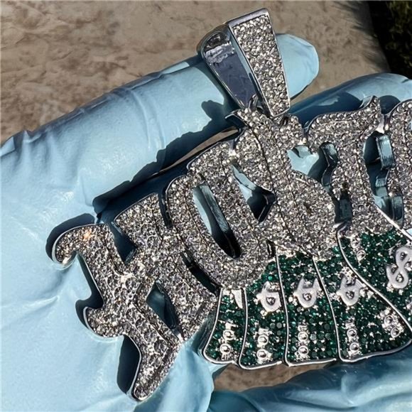 Hustla Hip Hop Pendant Hustle Hustler Silver Tone Iced Flooded Out Simulated CZ - Picture 8 of 9